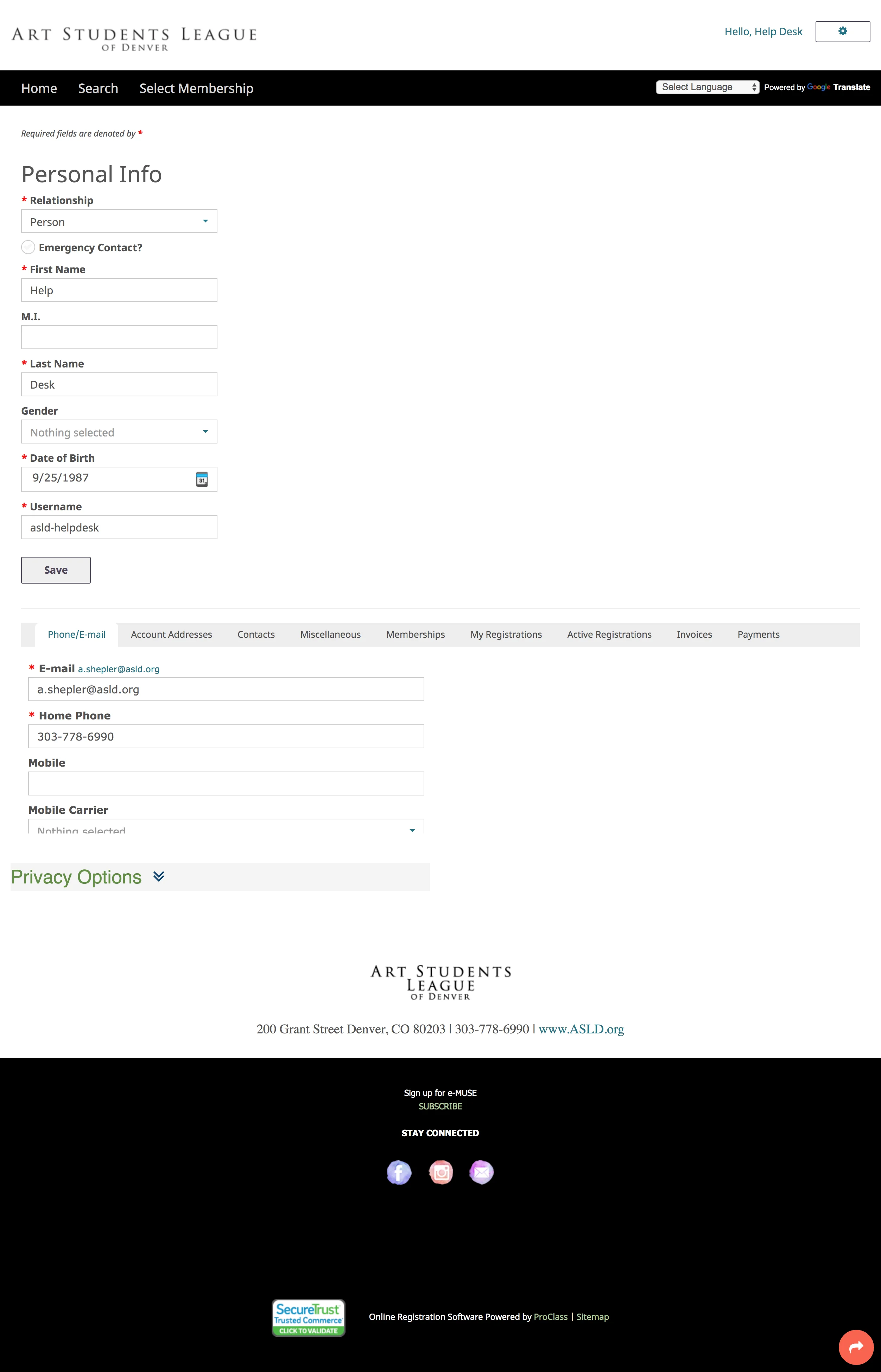 Screenshot of a web-based membership form for the Art Students League of Denver with fields for personal information.