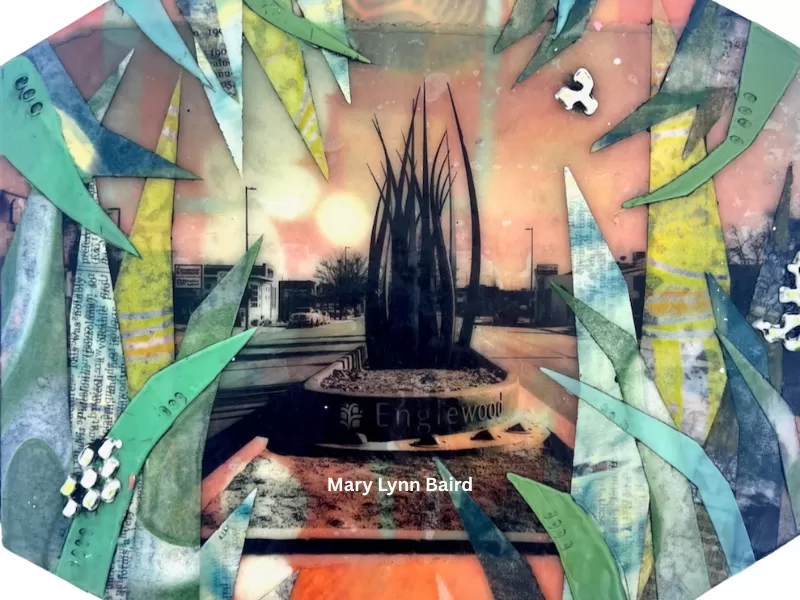 Black and white ink portriat of a hair stylist fluffing the hair of her client.