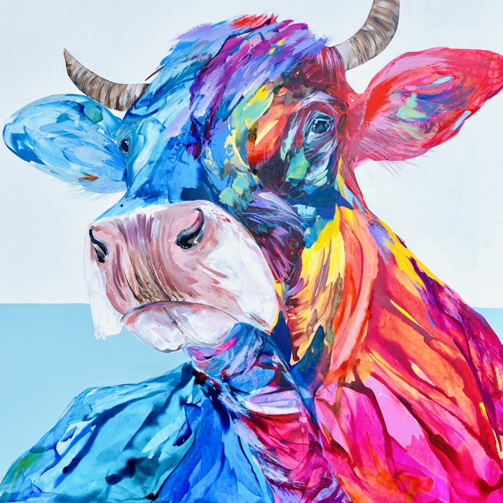 Painting of a cow in a rainbow of colors.