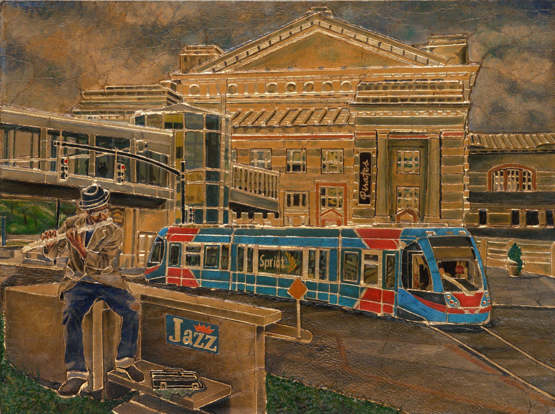 Collagraph print with a building in the background, a blue train running through, and a musician playing flute in the foreground.